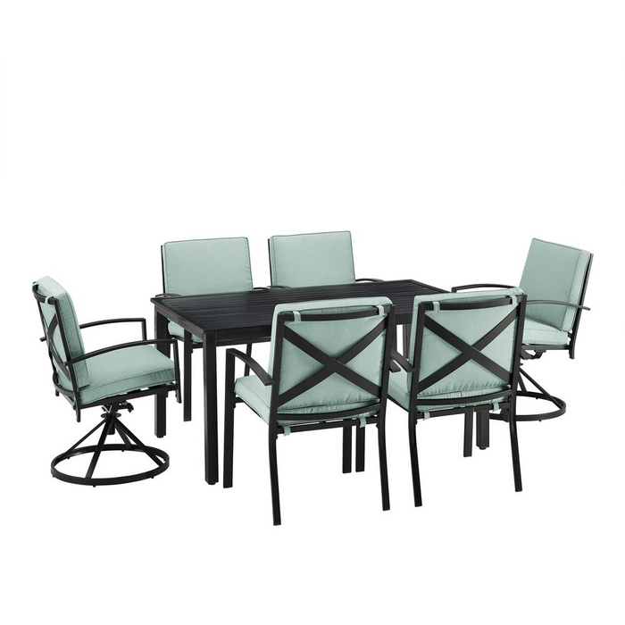 Kaplan 7Pc Outdoor Metal Dining Set in Mist/Oil Rubbed Bronze - Elegant Dining Table with 2 Swivel Chairs & 4 Regular Chairs