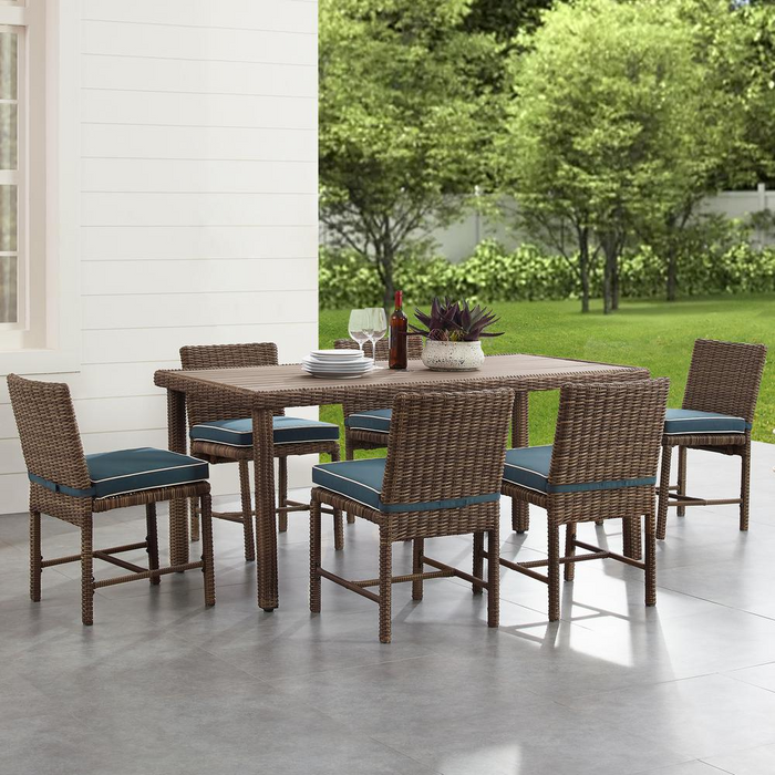 Bradenton 7Pc Outdoor Wicker Dining Set - Navy/Weathered Brown | Dining Table & 6 Chairs