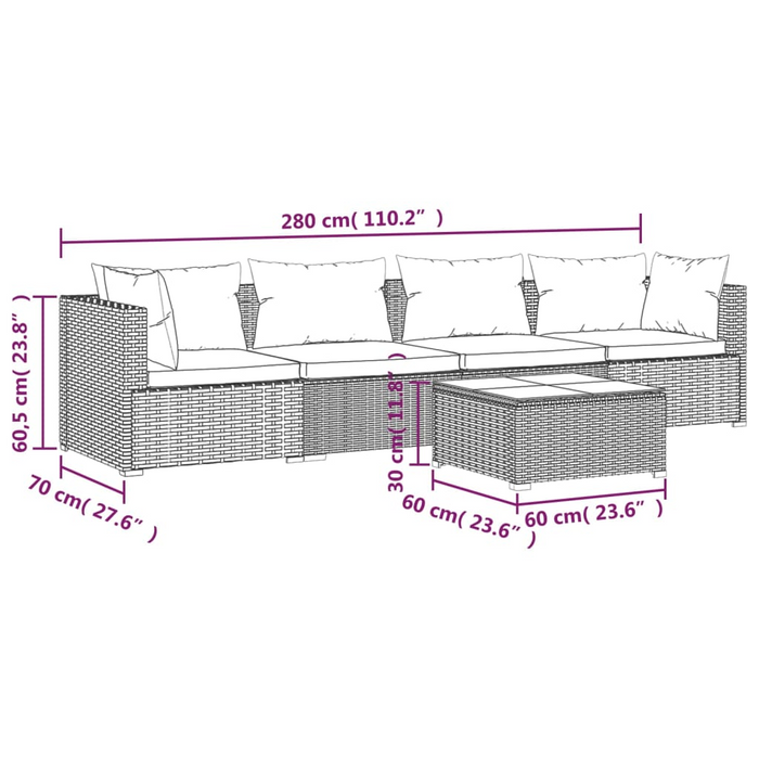 vidaXL Patio Furniture Set 5 Piece with Cushions Poly Rattan Brown