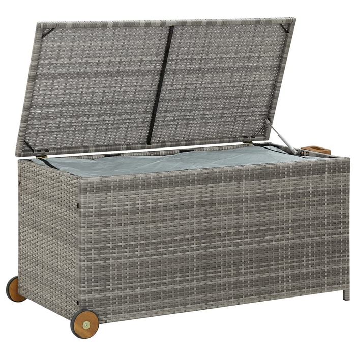 vidaXL Patio Storage Box Light Gray 47.2"x25.6"x24" Poly Rattan - Outdoor Cushion Container with Wheels and Handle