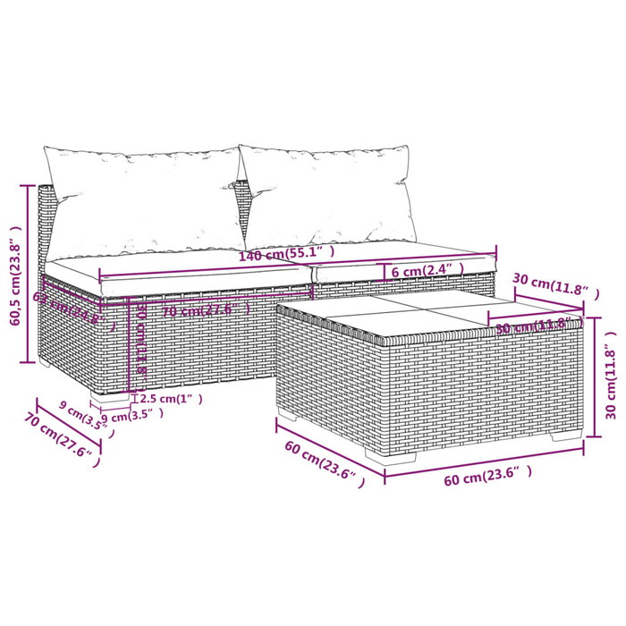 vidaXL Patio Furniture Set 3 Piece with Cushions Poly Rattan Brown