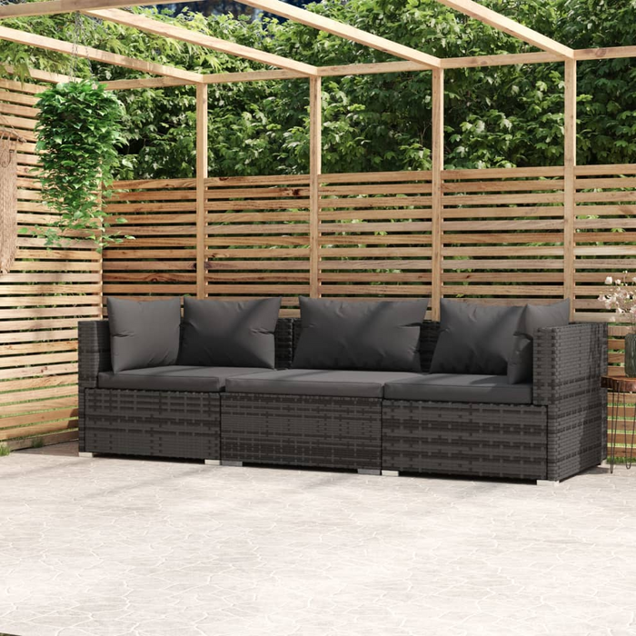 vidaXL Wicker Patio Furniture 3 Piece with Cushions Gray Poly Rattan