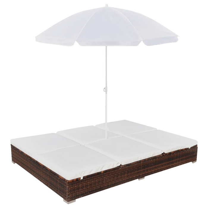 vidaXL Patio Lounge Bed with Umbrella - Poly Rattan Brown | Double Sun Lounger with Cushions