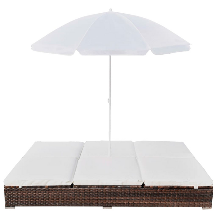 vidaXL Patio Lounge Bed with Umbrella - Poly Rattan Brown | Double Sun Lounger with Cushions