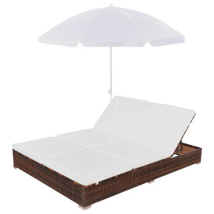 vidaXL Patio Lounge Bed with Umbrella - Poly Rattan Brown | Double Sun Lounger with Cushions