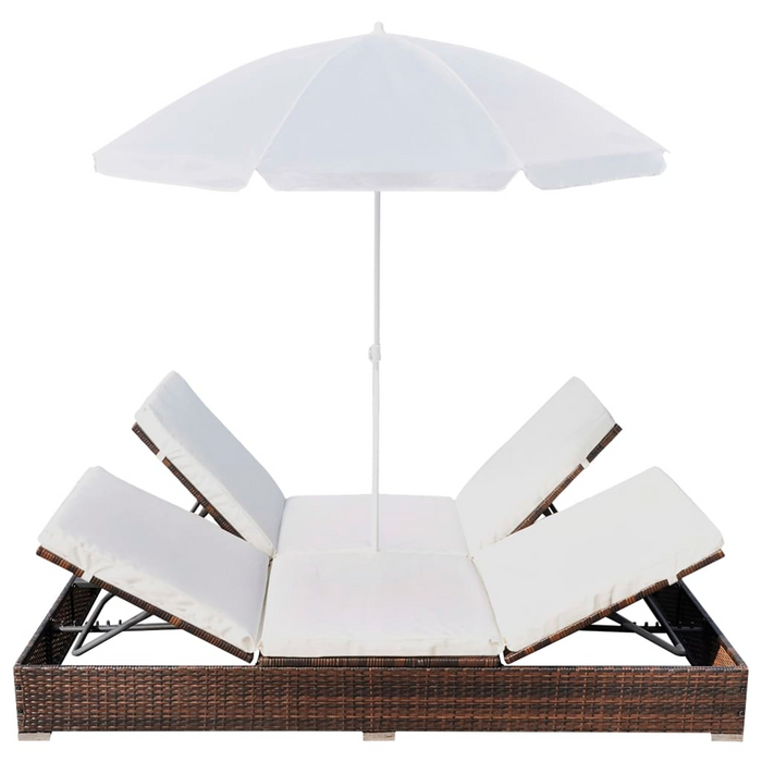 vidaXL Patio Lounge Bed with Umbrella - Poly Rattan Brown | Double Sun Lounger with Cushions