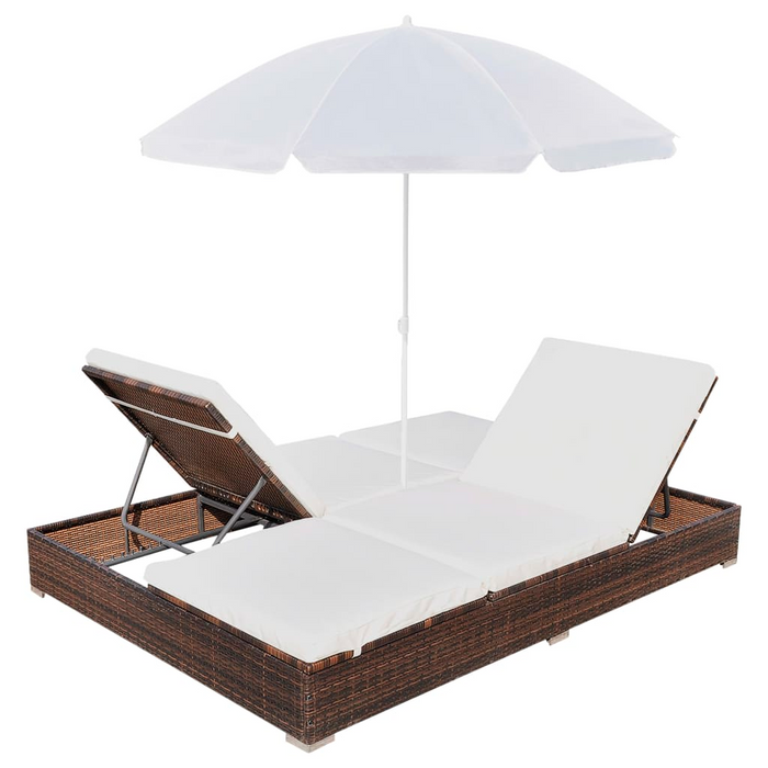 vidaXL Patio Lounge Bed with Umbrella - Poly Rattan Brown | Double Sun Lounger with Cushions