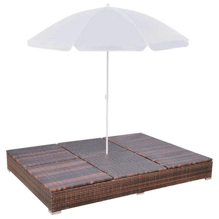 vidaXL Patio Lounge Bed with Umbrella - Poly Rattan Brown | Double Sun Lounger with Cushions