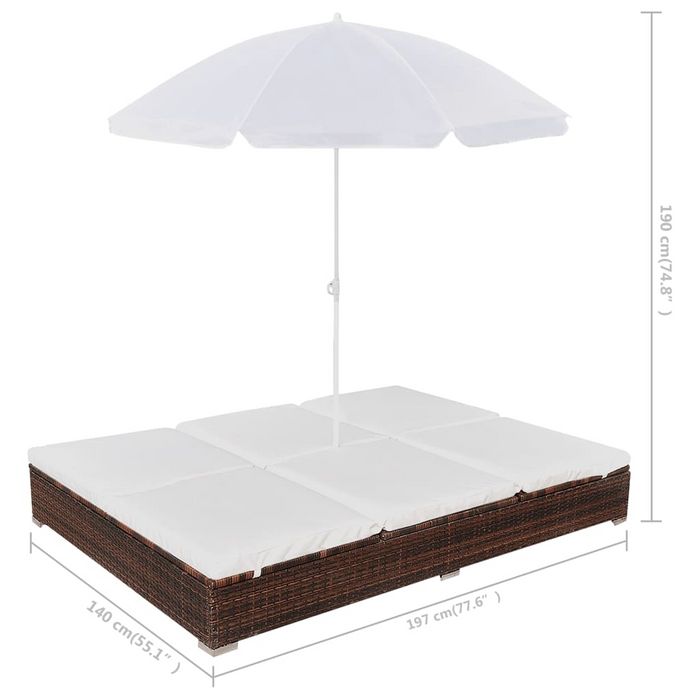 vidaXL Patio Lounge Bed with Umbrella - Poly Rattan Brown | Double Sun Lounger with Cushions