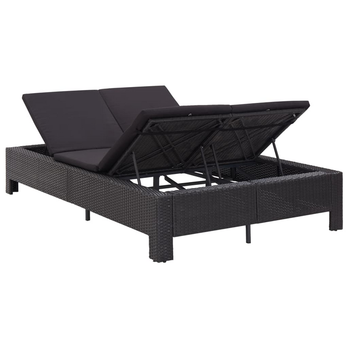 vidaXL 2-Person Sunbed with Cushion - Black Poly Rattan Outdoor Lounge