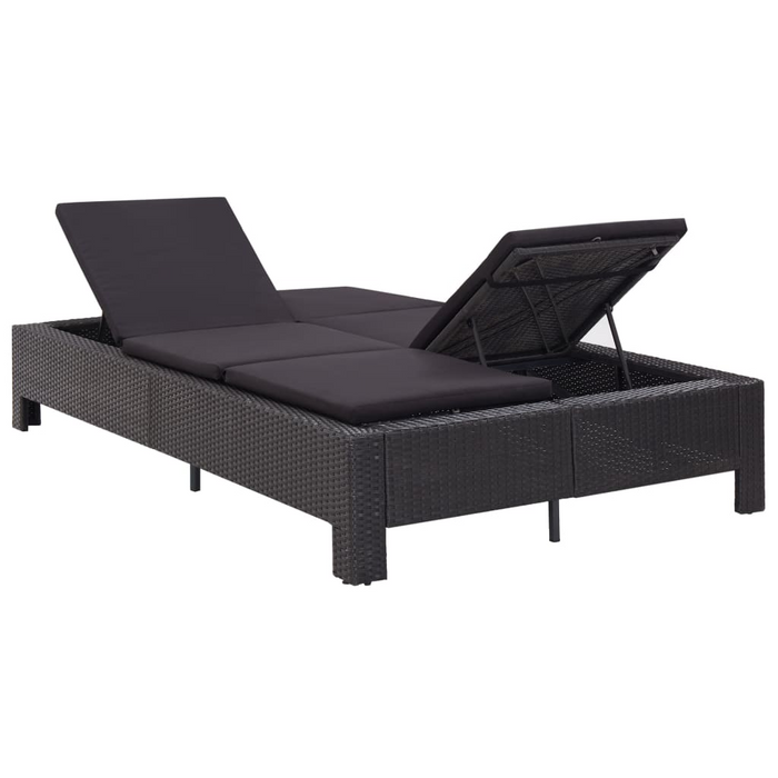 vidaXL 2-Person Sunbed with Cushion - Black Poly Rattan Outdoor Lounge