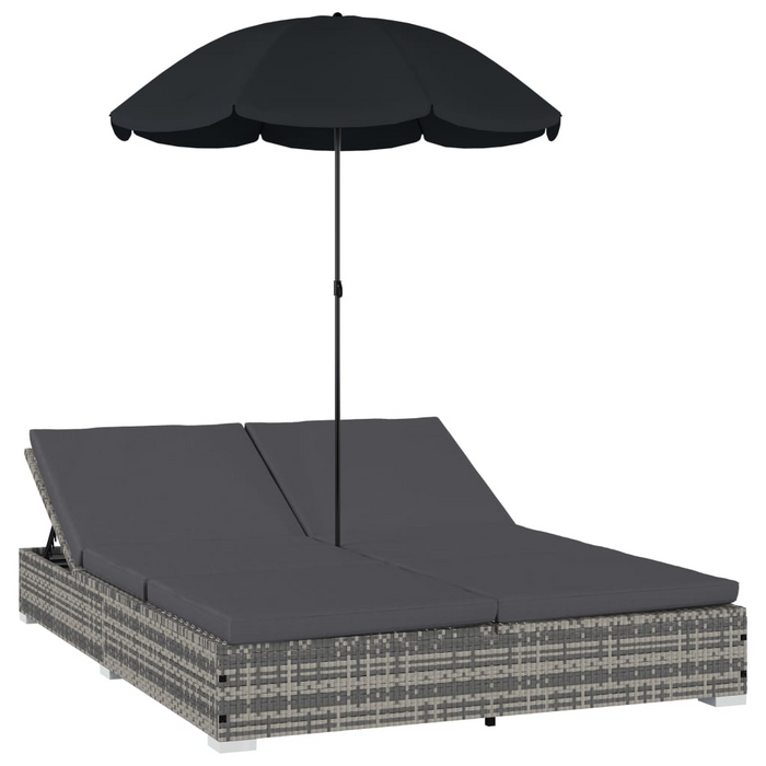 vidaXL Gray Poly Rattan Patio Lounge Bed with Adjustable Umbrella - Outdoor Double Sun Lounger