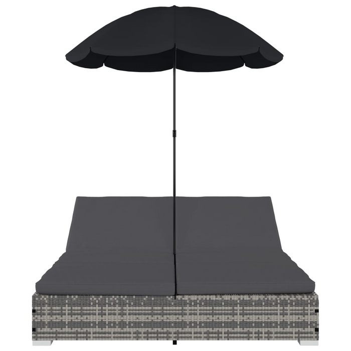 vidaXL Gray Poly Rattan Patio Lounge Bed with Adjustable Umbrella - Outdoor Double Sun Lounger