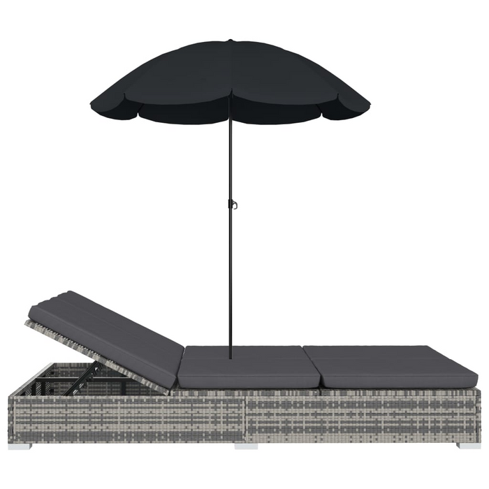 vidaXL Gray Poly Rattan Patio Lounge Bed with Adjustable Umbrella - Outdoor Double Sun Lounger