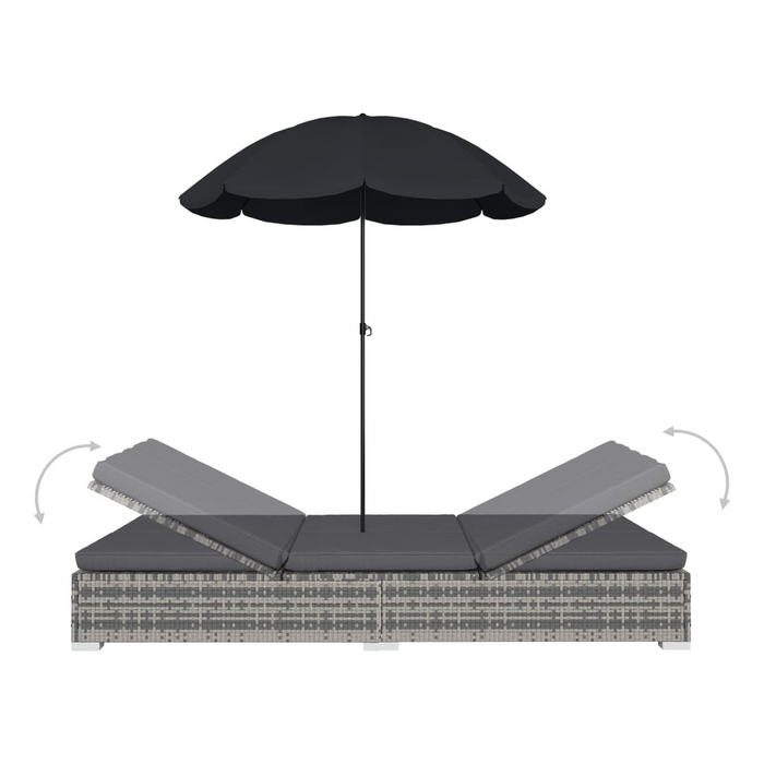 vidaXL Gray Poly Rattan Patio Lounge Bed with Adjustable Umbrella - Outdoor Double Sun Lounger