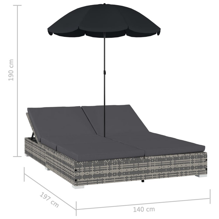 vidaXL Gray Poly Rattan Patio Lounge Bed with Adjustable Umbrella - Outdoor Double Sun Lounger