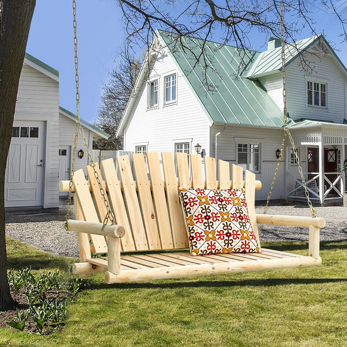 Natural Unfinished Wood Log Cabin Porch Swing with Chains