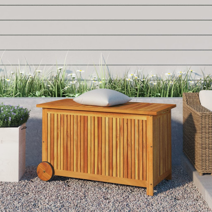 vidaXL Solid Wood Acacia Patio Storage Box with Wheels – 35.4"x19.7"x22.8" | Outdoor Cushion and Garden Tool Organizer