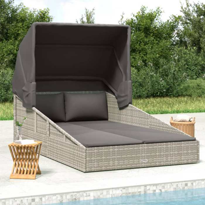 vidaXL Gray Poly Rattan Sunbed with Foldable Roof | 78.7" x 44.9" x 50.4" | Ultimate Garden Lounger