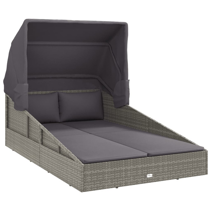 vidaXL Gray Poly Rattan Sunbed with Foldable Roof | 78.7" x 44.9" x 50.4" | Ultimate Garden Lounger