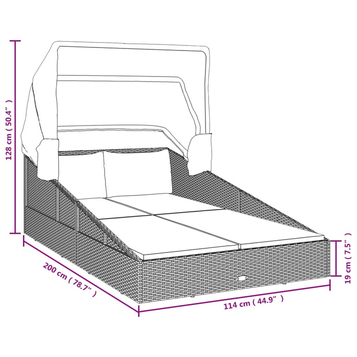 vidaXL Gray Poly Rattan Sunbed with Foldable Roof | 78.7" x 44.9" x 50.4" | Ultimate Garden Lounger