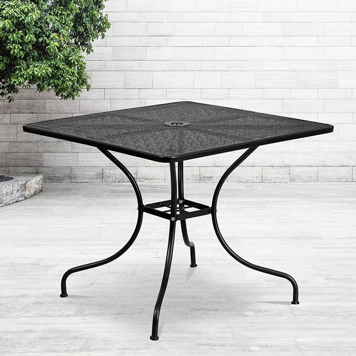 35.5" Square Black Indoor-Outdoor Steel Patio Table with Umbrella Hole - Stylish and Durable