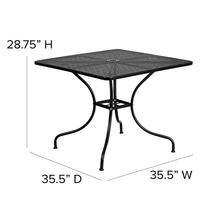 35.5" Square Black Indoor-Outdoor Steel Patio Table with Umbrella Hole - Stylish and Durable