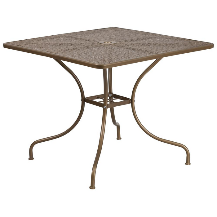 35.5" Square Gold Indoor-Outdoor Steel Patio Table with Umbrella Hole - Stylish & Durable Patio Furniture