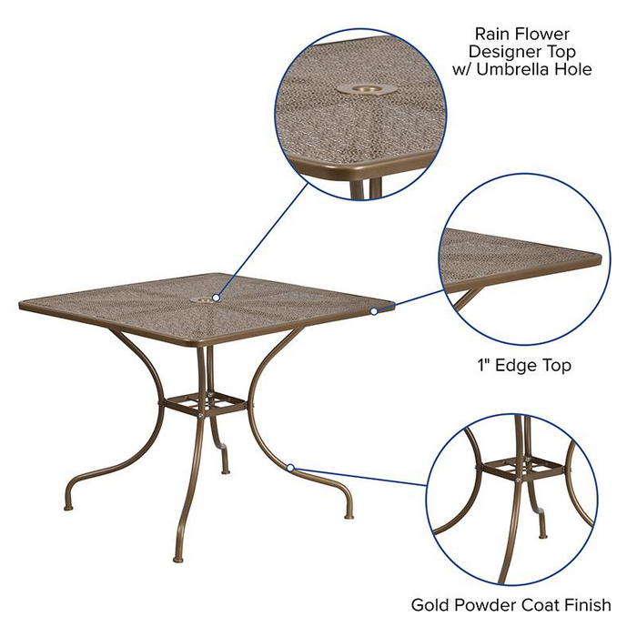 35.5" Square Gold Indoor-Outdoor Steel Patio Table with Umbrella Hole - Stylish & Durable Patio Furniture