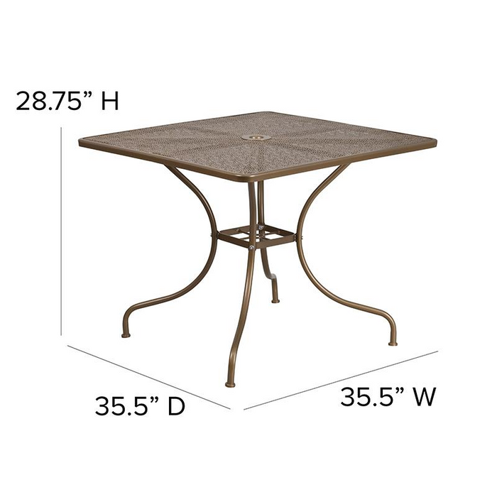 35.5" Square Gold Indoor-Outdoor Steel Patio Table with Umbrella Hole - Stylish & Durable Patio Furniture