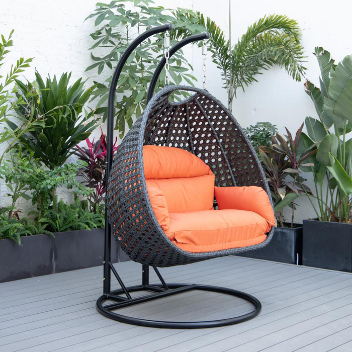 LeisureMod MendozaWicker Hanging 2 person Egg Swing Chair in Orange