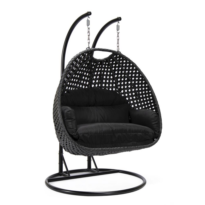 LeisureMod MendozaWicker Hanging 2 Person Egg Swing Chair in Black - Outdoor Furniture