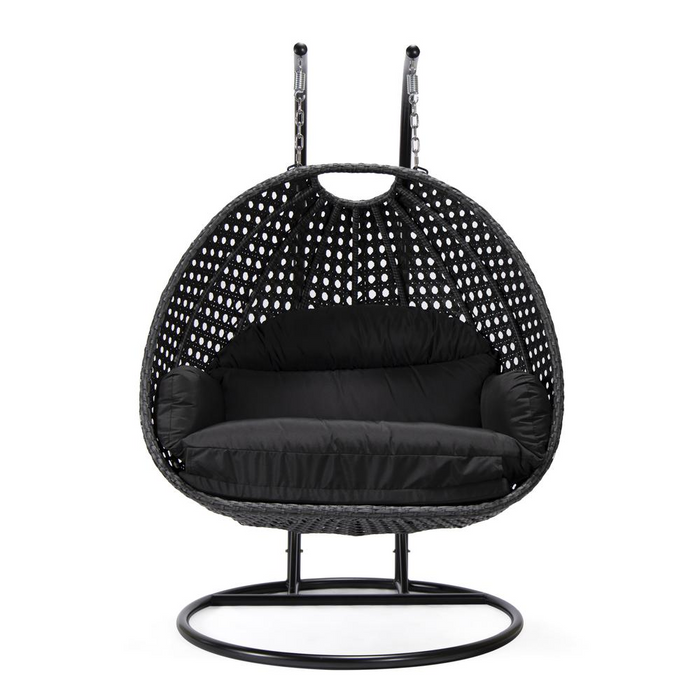 LeisureMod MendozaWicker Hanging 2 Person Egg Swing Chair in Black - Outdoor Furniture