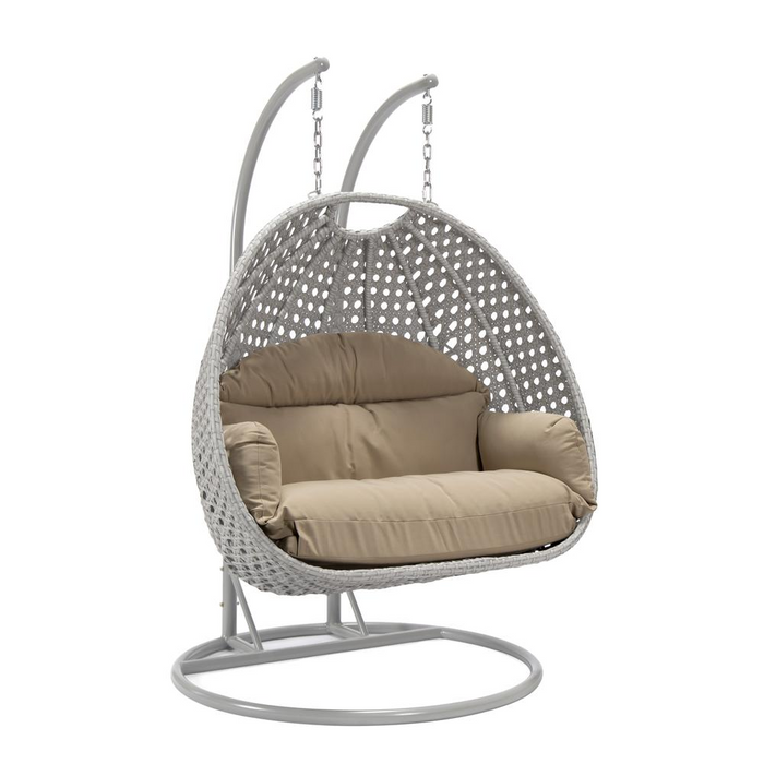 LeisureMod Wicker Hanging 2 person Egg Swing Chair in Taupe