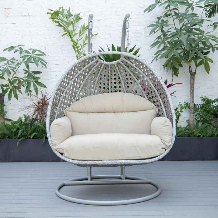 LeisureMod Wicker Hanging 2 person Egg Swing Chair in Taupe