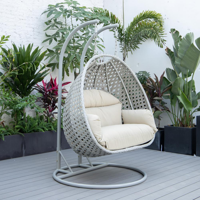 LeisureMod Wicker Hanging 2 person Egg Swing Chair in Taupe