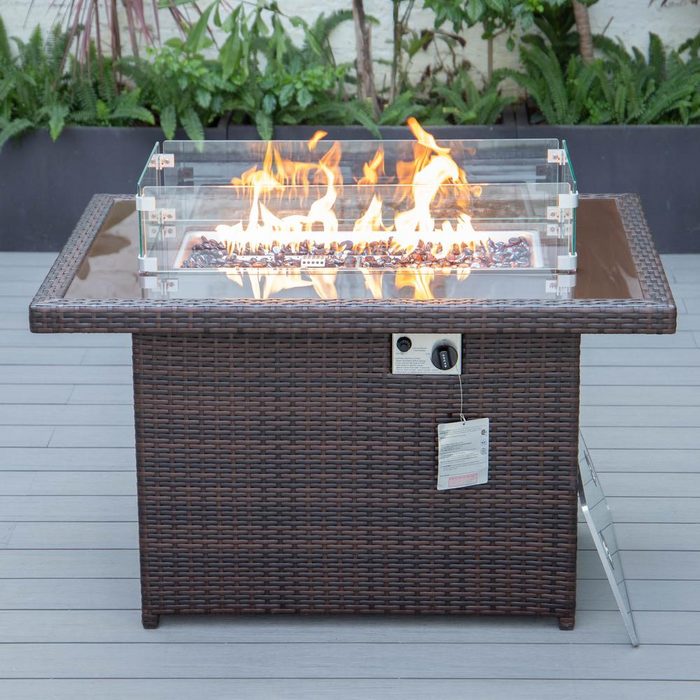 LeisureMod Mace Wicker Patio Modern Propane Fire Pit Table, Dark Brown - Cozy, Elegant, and Functional Outdoor Ambiance