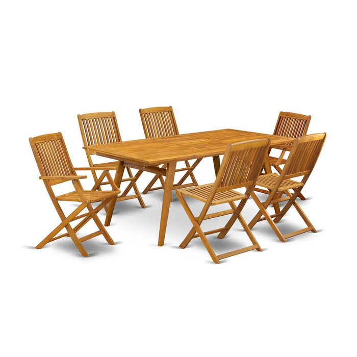 East West Furniture 7 Piece Small Patio Set - 6 Coffee Chairs with Slatted Back and Outdoor Patio Dining Table and Rectangular Top with Wooden 4 legs - Natural Oil Finish