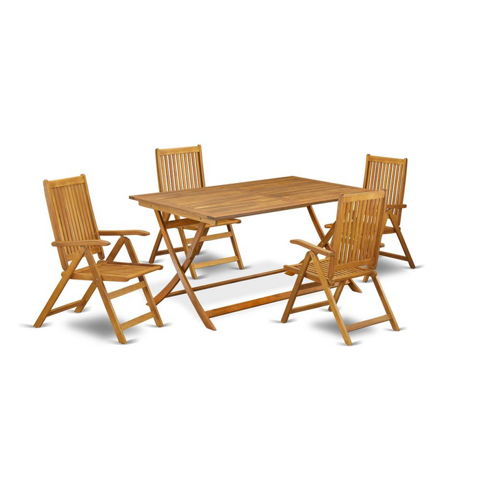 5 Piece Patio Dining Set - Natural Oil Finish - Multi-Position Folding Chairs & Rectangular Table