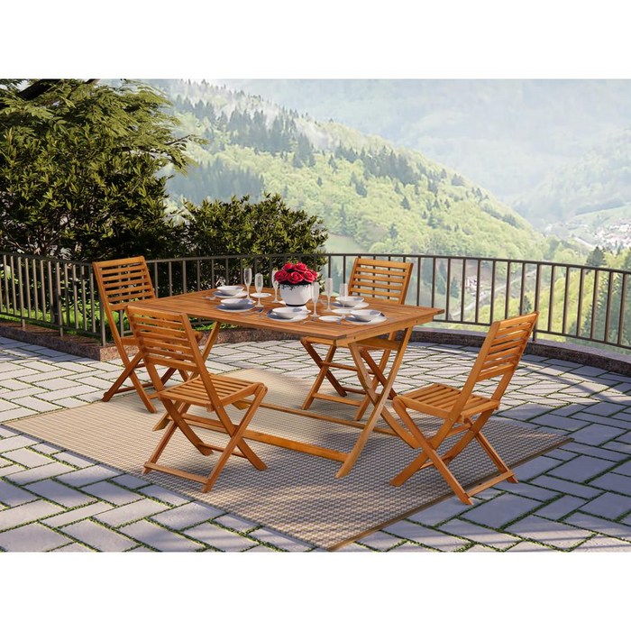 East West Furniture 5 Piece Superior Patio Dining Table Set - Ideal for Beach, Camping, Picnics - Beautiful Bistro Table with 4 Armrest-Free Outdoor Folding Chairs - Natural Oil Finish