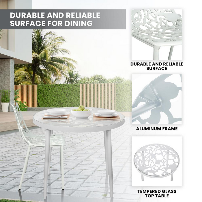 Elegant 3-Piece Aluminum Outdoor Patio Dining Set with Tempered Glass Top Table