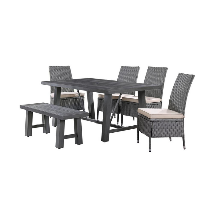 6 Piece PE Wicker/Rattan Outdoor Dining Set with 4 Chairs and Dining Bench