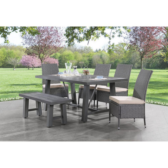 Stylish 6-Piece Outdoor Dining Set with 4 PE Wicker Side Chairs and 1 Aluminum Frame Dining Bench