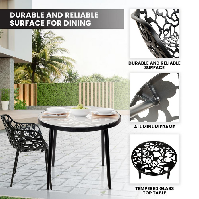 Elegant 3-Piece Aluminum Outdoor Patio Dining Set with Durable Tempered Glass Top Table