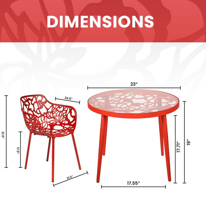 3-Piece Aluminum Outdoor Patio Dining Set with Tempered Glass Top Table - Elegant Flower Design, UV-Protected, Durable & Lightweight