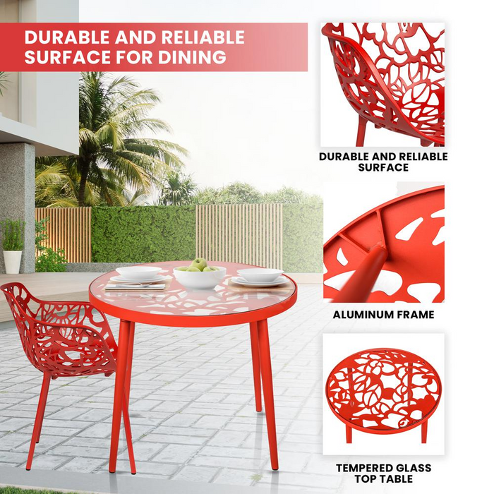 3-Piece Aluminum Outdoor Patio Dining Set with Tempered Glass Top Table - Elegant Flower Design, UV-Protected, Durable & Lightweight