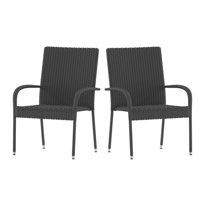 Maxim Set of 2 Stackable Indoor/Outdoor Wicker Dining Chairs with Arms - Weather-Resistant Steel Frames - Gray