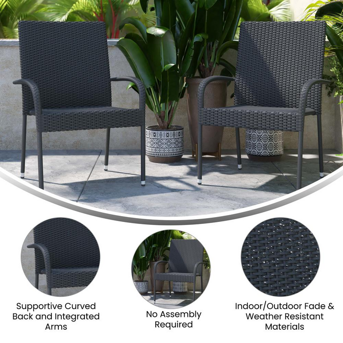 Maxim Set of 2 Stackable Indoor/Outdoor Wicker Dining Chairs with Arms - Weather-Resistant Steel Frames - Gray