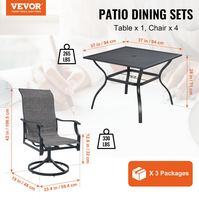 VEVOR 5 Pieces Patio Dining Set | Outdoor Furniture Table & Swivel Chairs | All-Weather Garden Furniture with Umbrella Hole | For Lawn, Deck, Backyard | Black