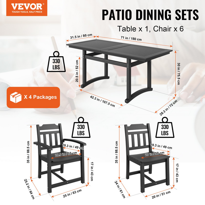 VEVOR 7 Pieces Patio Dining Set - Outdoor Rectangle Furniture Table and Chairs Set - All Weather Garden Furniture Table Sets - HIPS Patio Conversation Set - Black